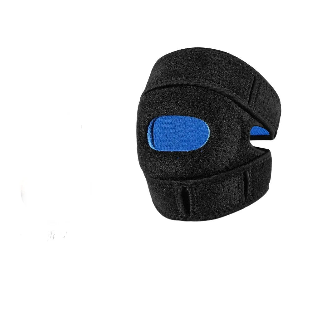 MOVIRA adjustable knee support in black with a blue kneecap pad