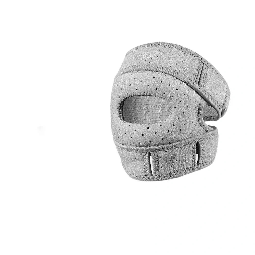 MOVIRA adjustable knee support in grey, front view showing the kneecap opening and perforated fabric