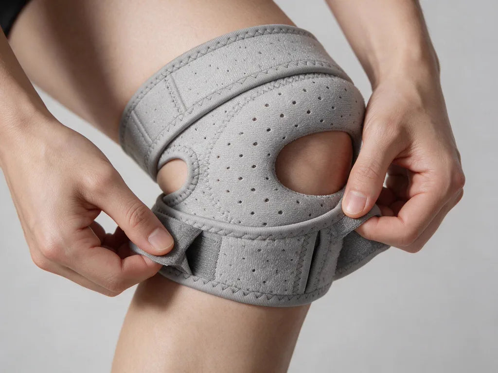 Close-up of the MOVIRA knee support being adjusted on the knee
