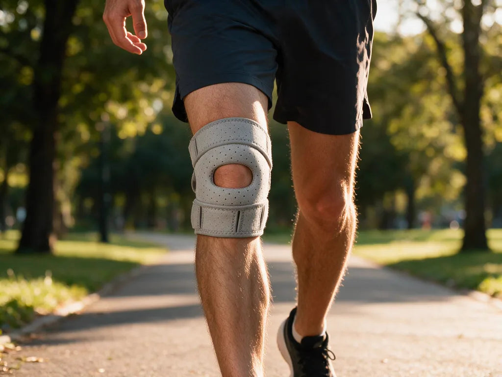 A person walking outdoors wearing the MOVIRA knee support