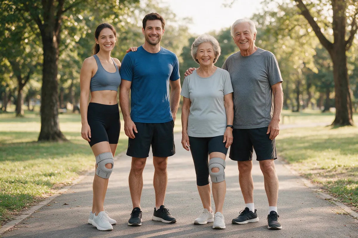 People of different ages wearing the MOVIRA knee support